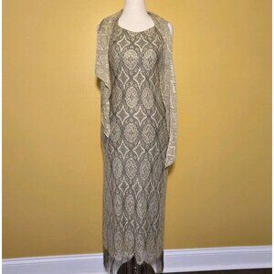 Harlow Vintage Fringe Lace Fringe Hem Dress 8 Brown Tan Black Flapper Gatsby